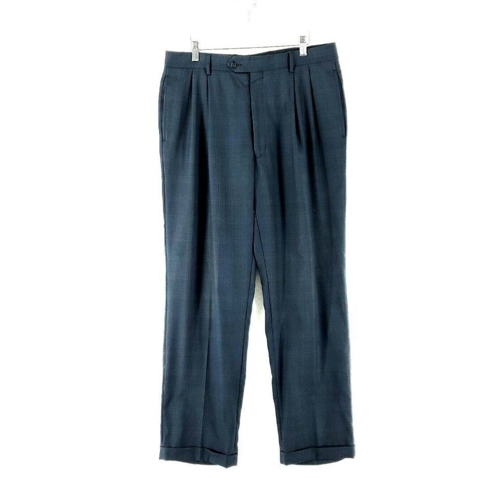 Jos A Bank Blue Brown Glen Plaid Pleated Cuffed Dress Pants Pleated Cuffed 35/32